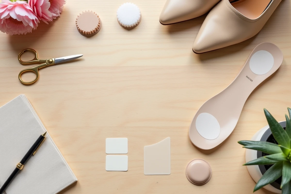 Vue du dessus d'accessoires pour réduire les chaussures à talons trop grandes : talonnettes gel, semelles adhésives et escarpins nude sur table en bois