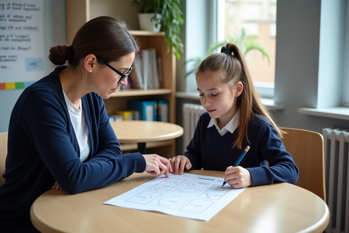 Enseignante accompagnatrice aidant une collégienne en difficulté avec un outil de carte mentale lors d'une séance de soutien scolaire