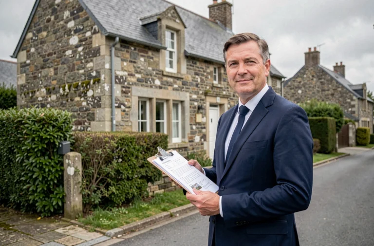 Agent immobilier devant une maison en pierre bretonne à Plaintel, représentant les opportunités d'investissement immobilier local en 2024