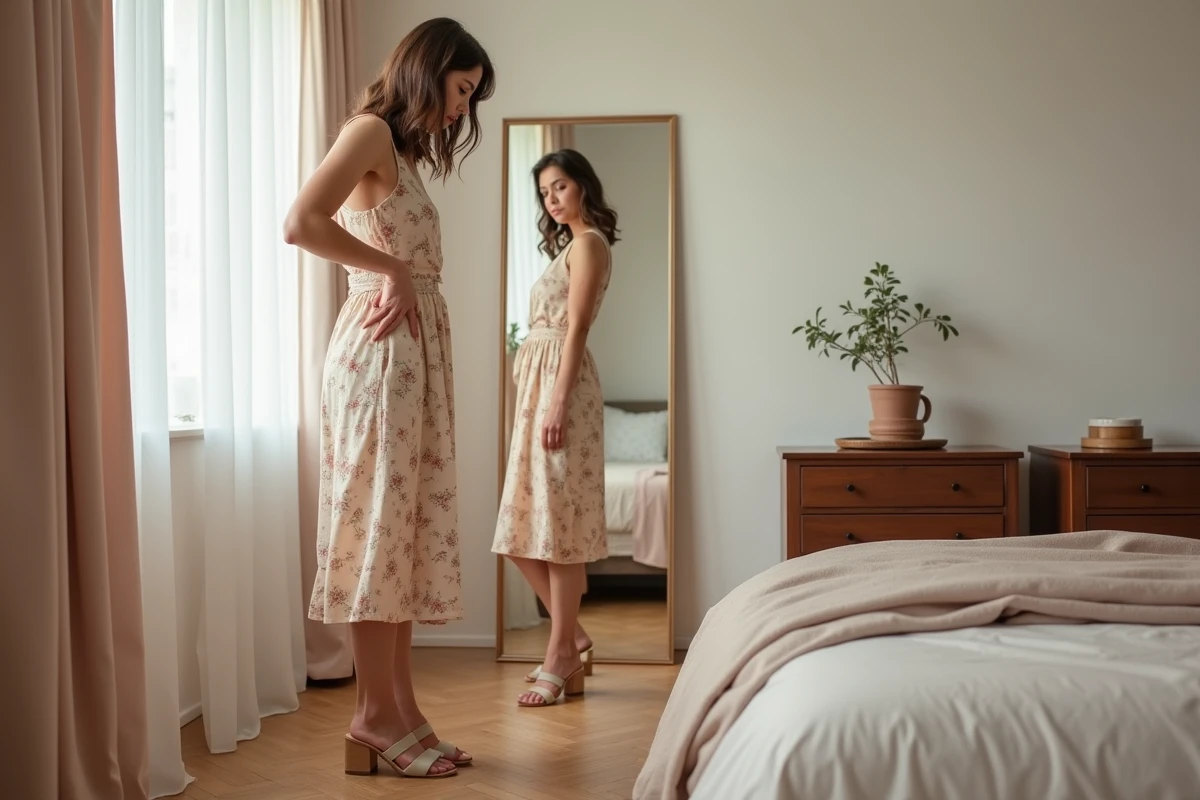 Jeune femme ajustant une sandale à talon bloc trop grande devant un miroir en pied dans une chambre lumineuse et décorée simplement