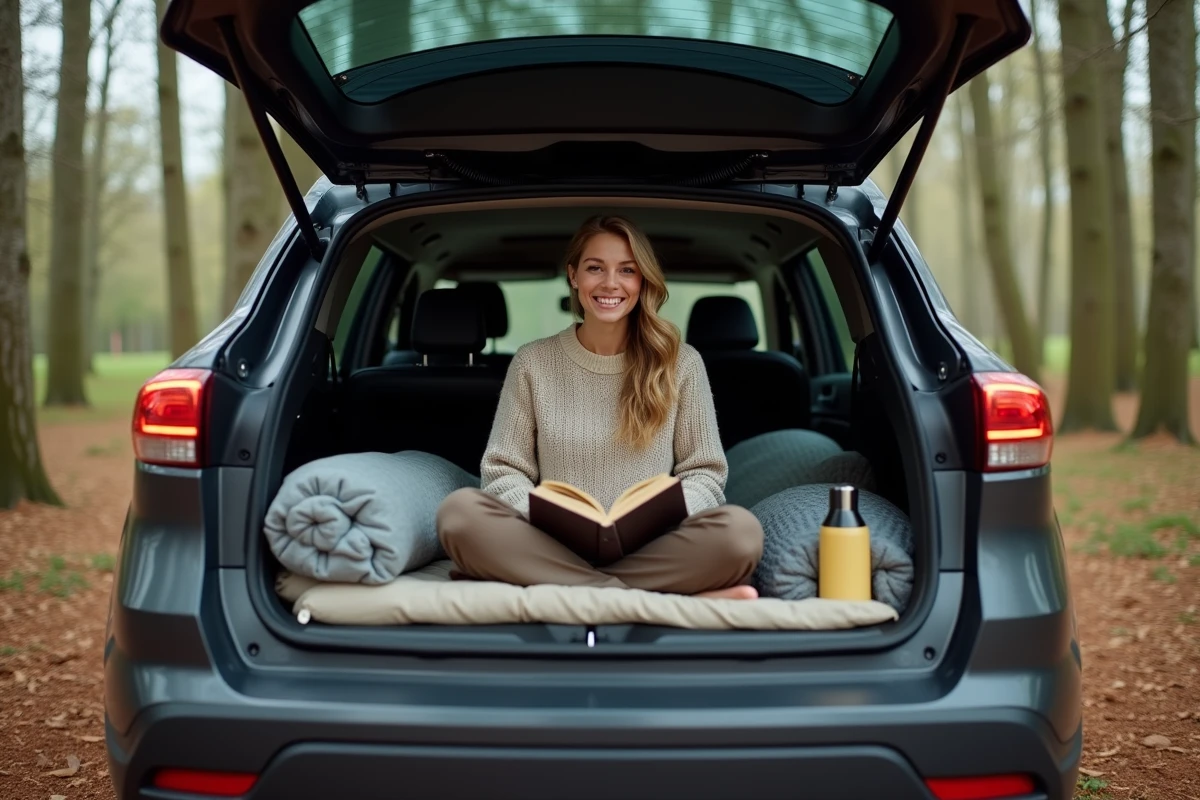 Femme aménageant l'arrière de son SUV pour dormir dans un parking forestier en Belgique