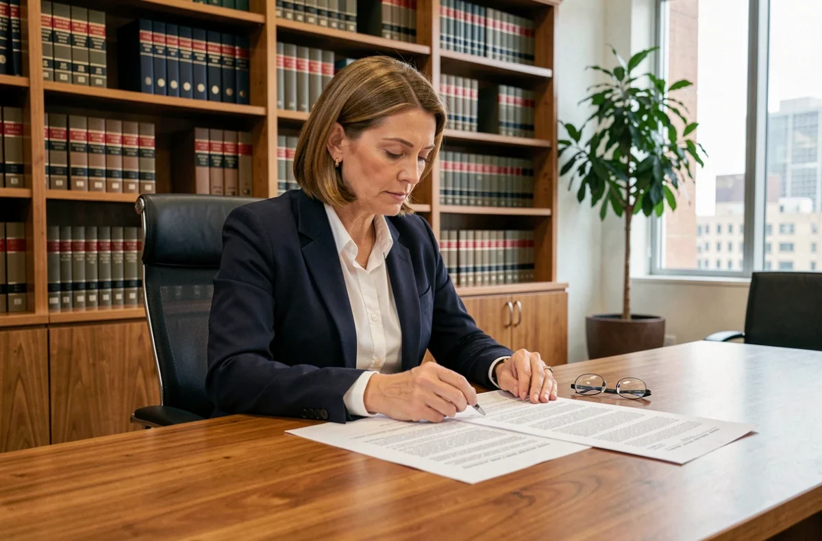 Avocate examinant des documents juridiques dans un bureau moderne avec bibliothèque de droit en arrière-plan