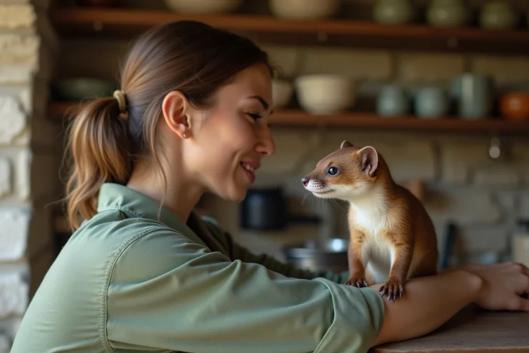 Jeune femme tenant une belette apprivoisée sur son avant-bras dans une cuisine de campagne française