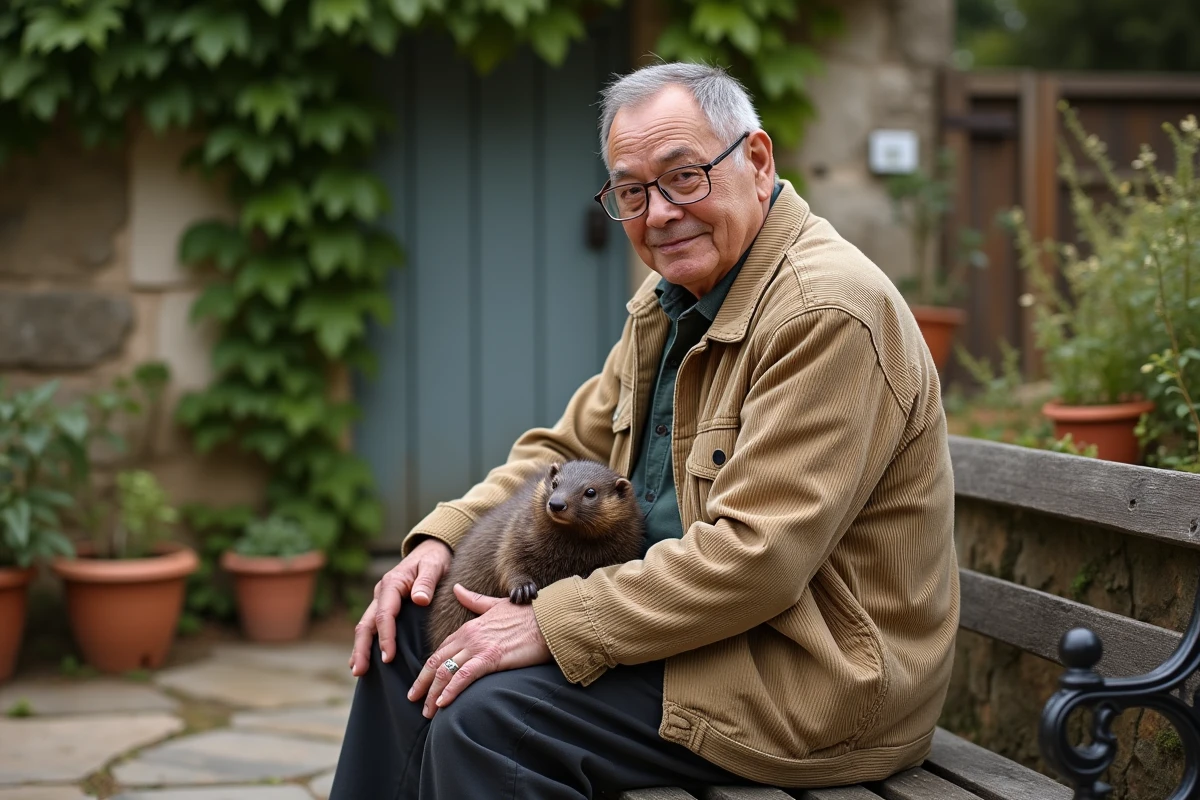 Homme âgé dans un jardin français avec une belette apprivoisée posée sur ses genoux