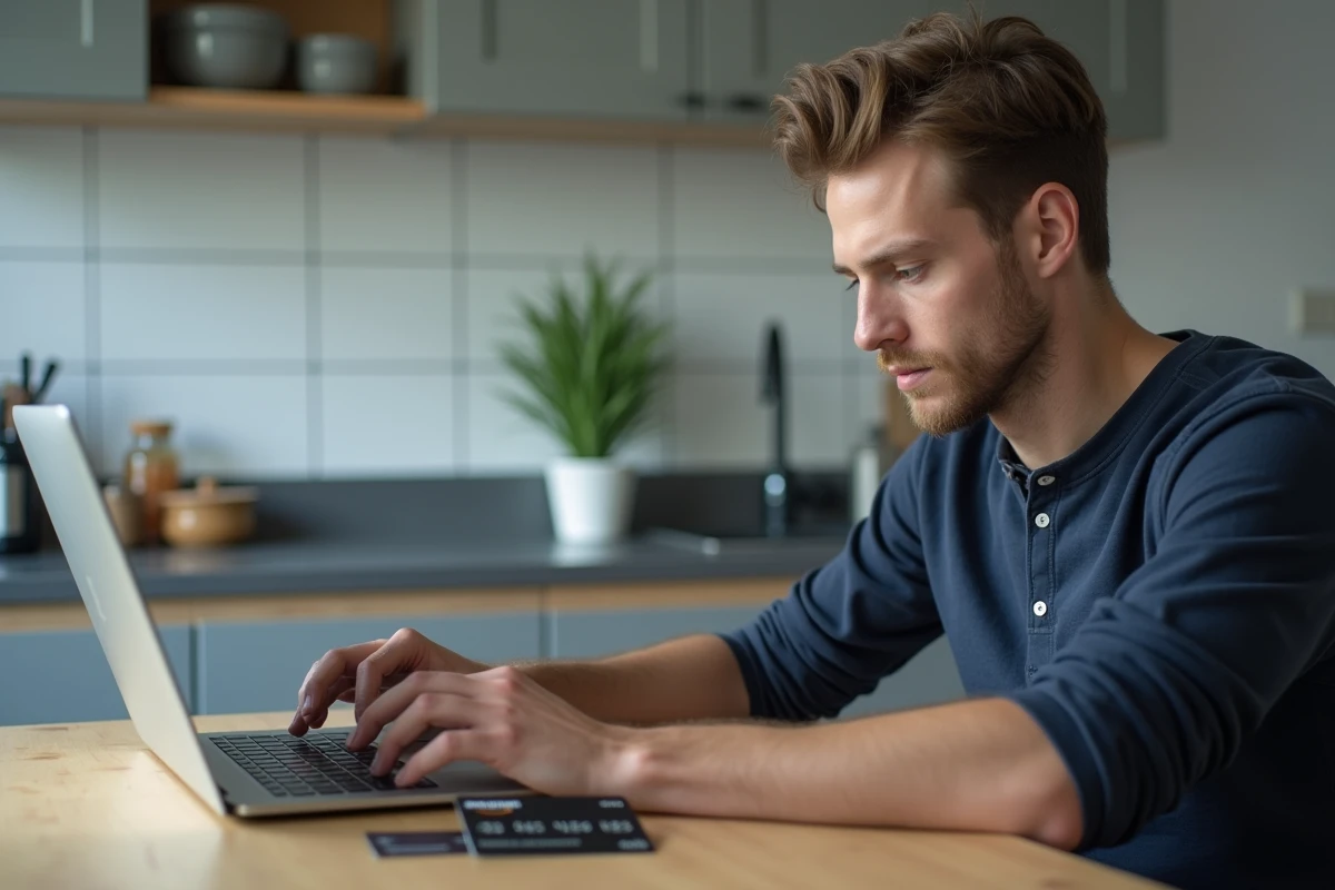 Homme utilisant Amazon sur un ordinateur portable avec une carte Kadéos Infini posée sur une table de cuisine