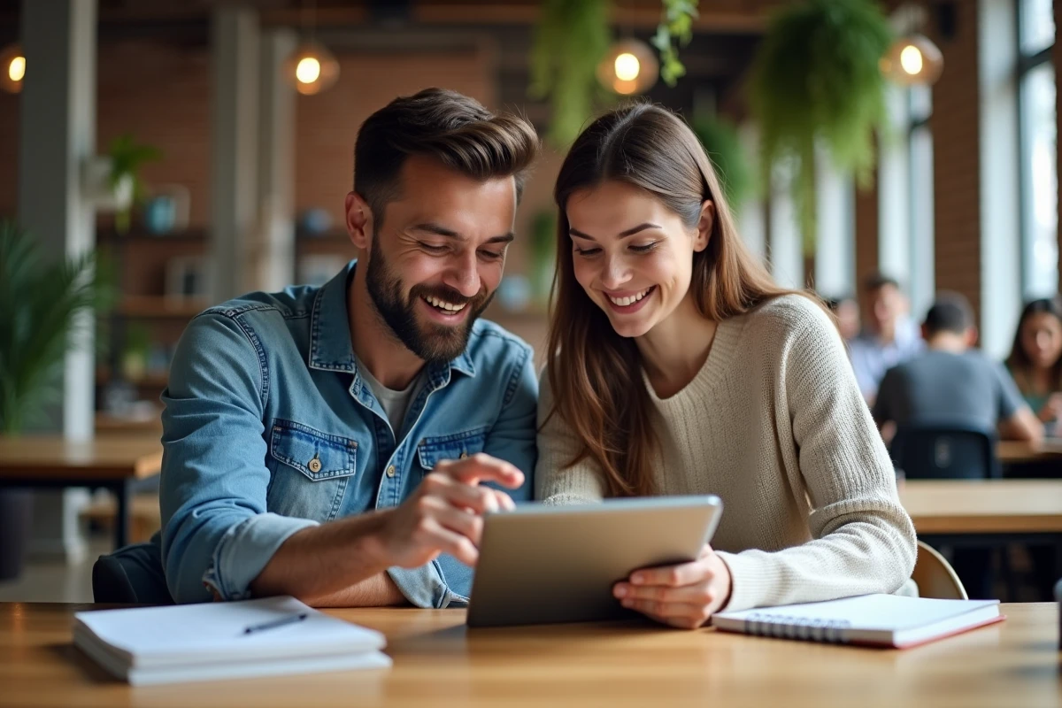 Deux collègues partageant des astuces informatiques sur une tablette dans un espace de coworking moderne