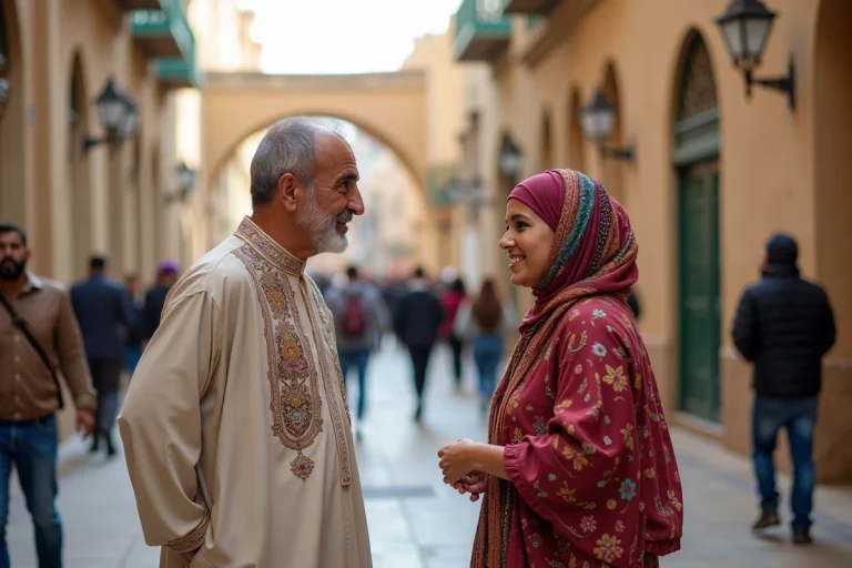 Homme en djellaba et jeune femme en hijab dans la ville de Constantine