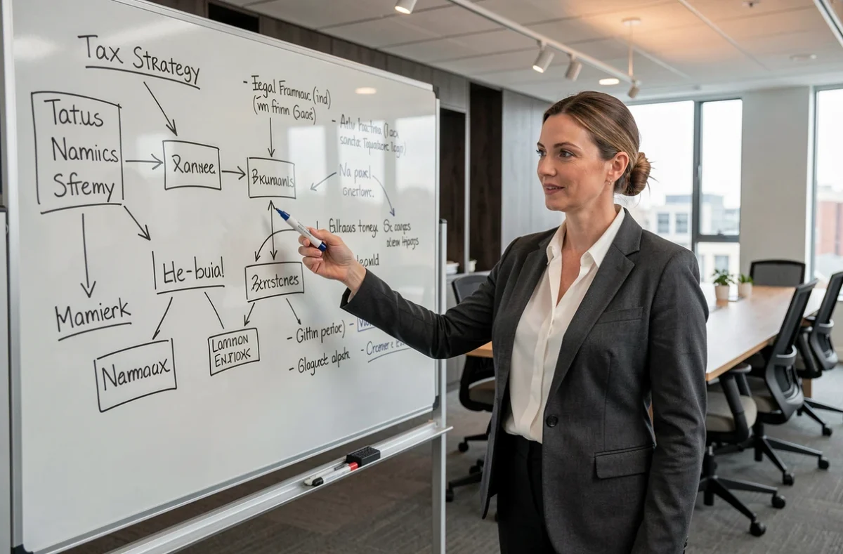 Consultante financière présentant des stratégies d'optimisation fiscale sur un tableau de verre dans une salle de réunion moderne