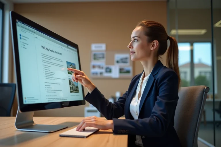 Femme professionnelle consultant la page sitemap d'un site immobilier sur un écran d'ordinateur dans une agence moderne