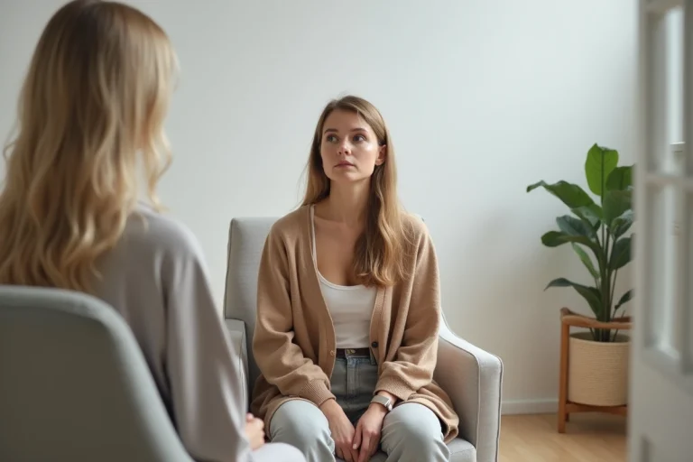 Femme consultant un praticien en somatopathie dans un cabinet de thérapie alternative minimaliste