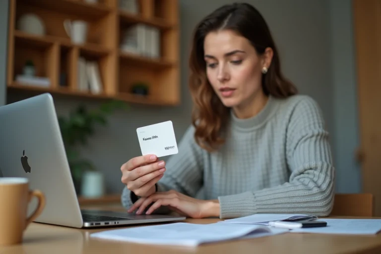 Femme tenant une carte cadeau Kadéos Infini devant un ordinateur portable dans un bureau à domicile