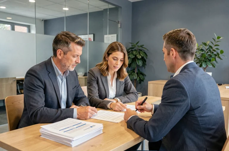 Couple consultant un conseiller bancaire pour obtenir un prêt immobilier en France