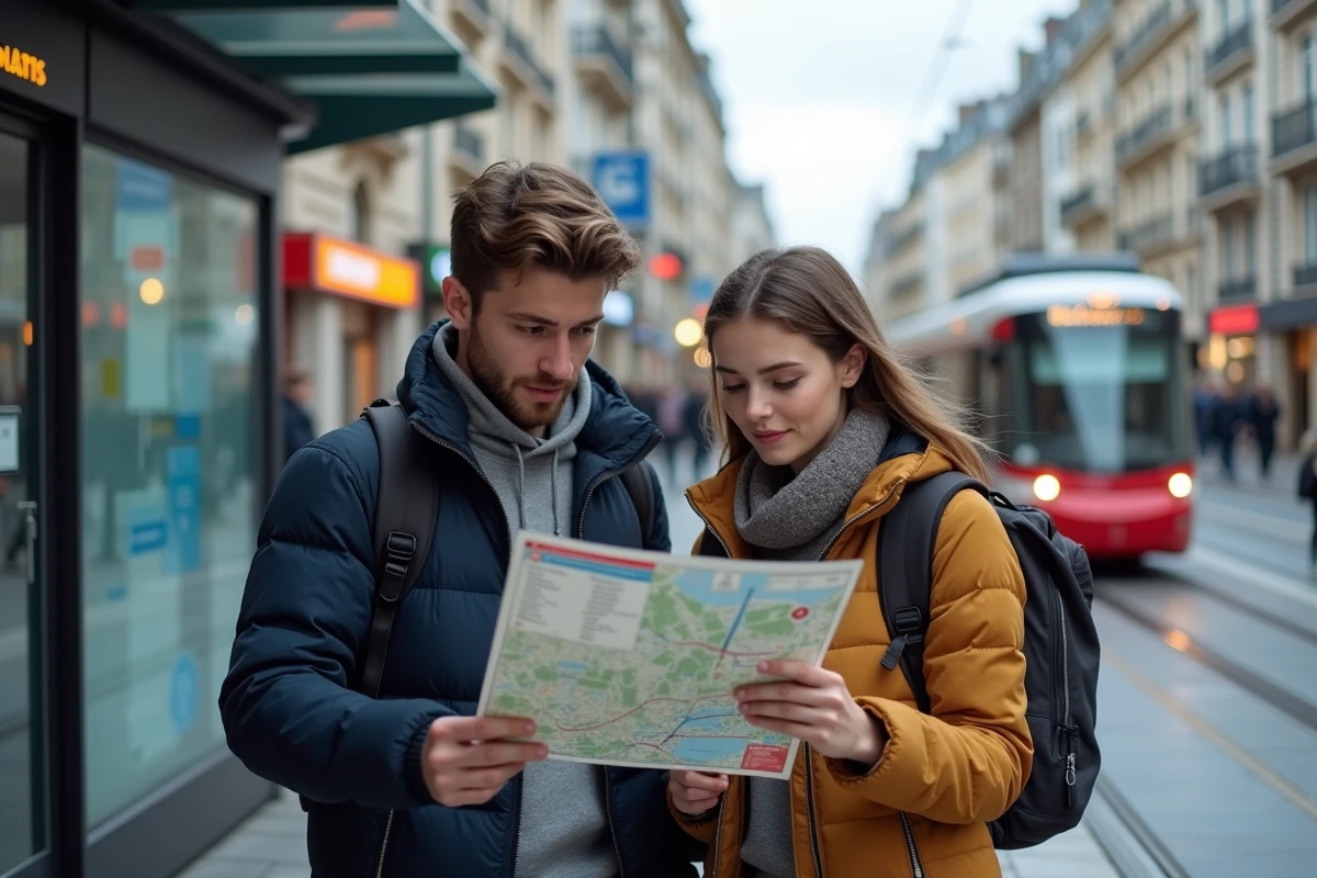 Jeune couple consultant un plan de transport en commun dans une ville française, illustrant les options de bus et tramway pour voyager sereinement