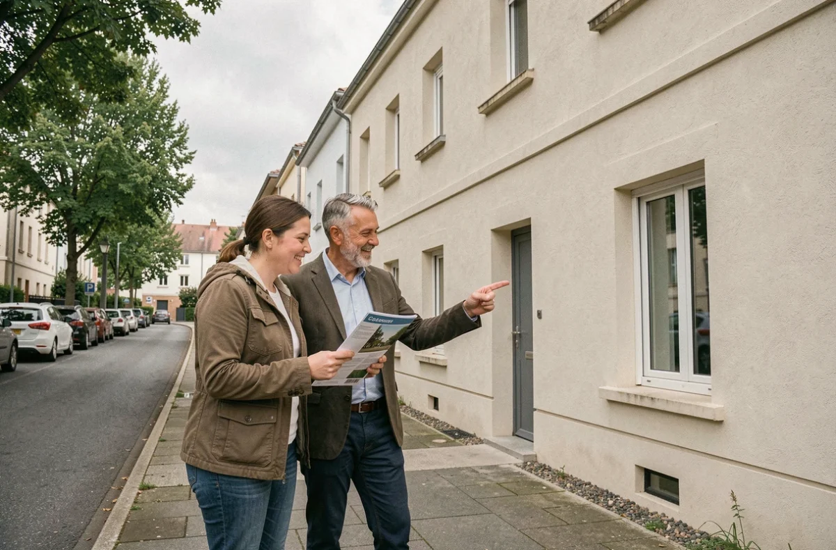 Couple visitant un immeuble résidentiel neuf dans un quartier suburban français pour un investissement locatif