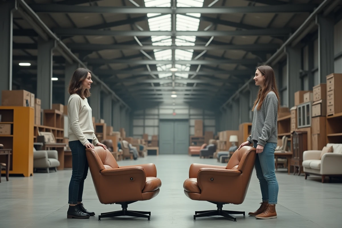 Deux femmes comparant des fauteuils design d'occasion dans un dépôt-vente de mobilier pour trouver les meilleures affaires