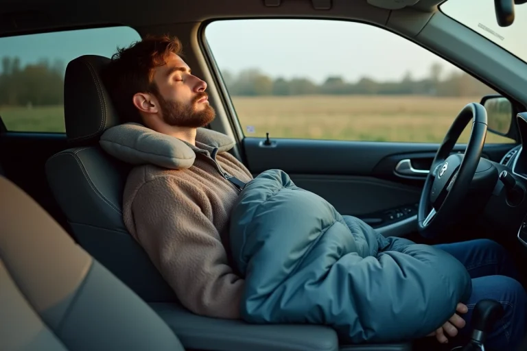 Homme dormant confortablement dans sa voiture sur le bord d'une route belge, avec un sac de couchage et un oreiller de voyage
