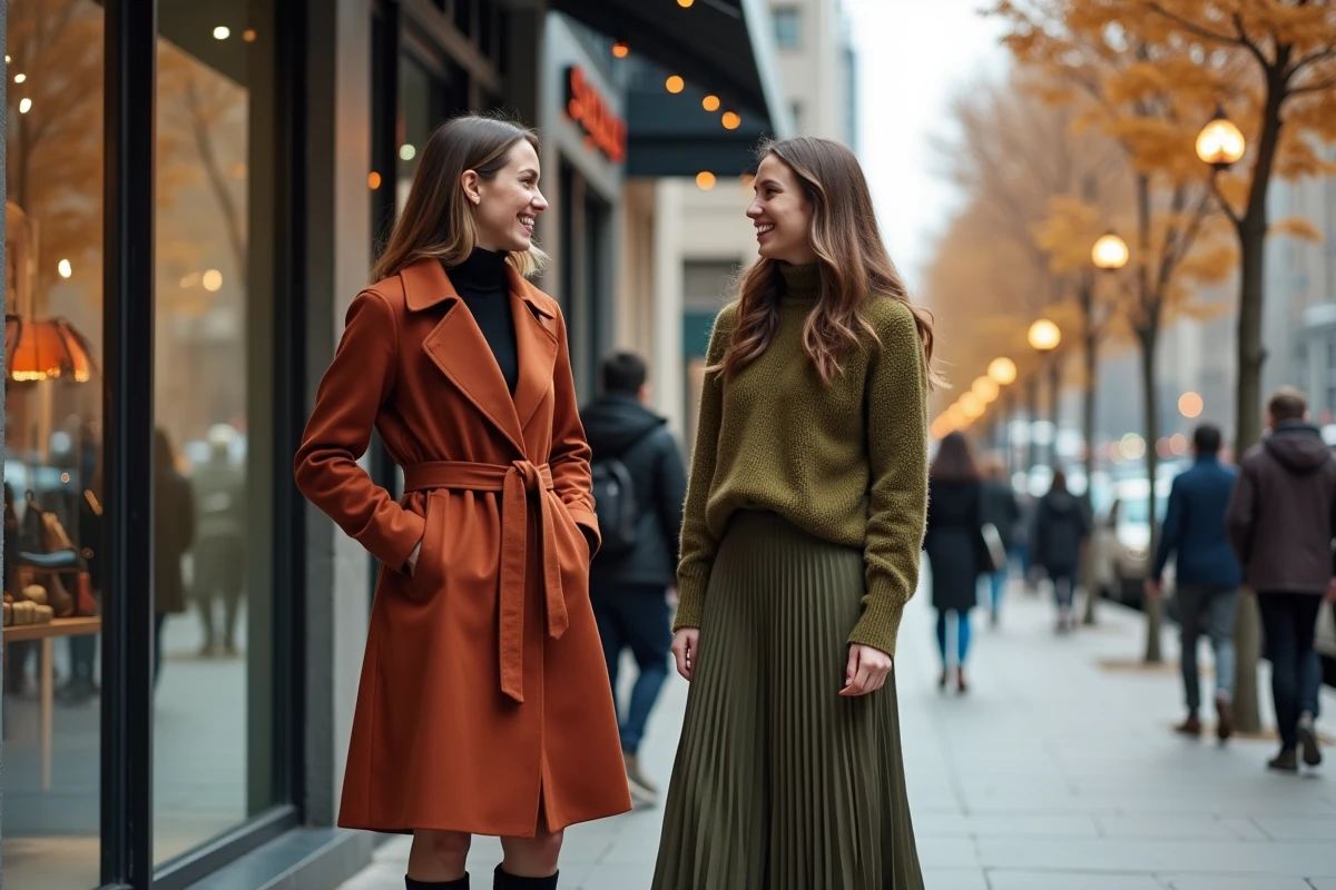 Deux femmes stylées en tenues tendance automne discutant devant une boutique de mode en ville