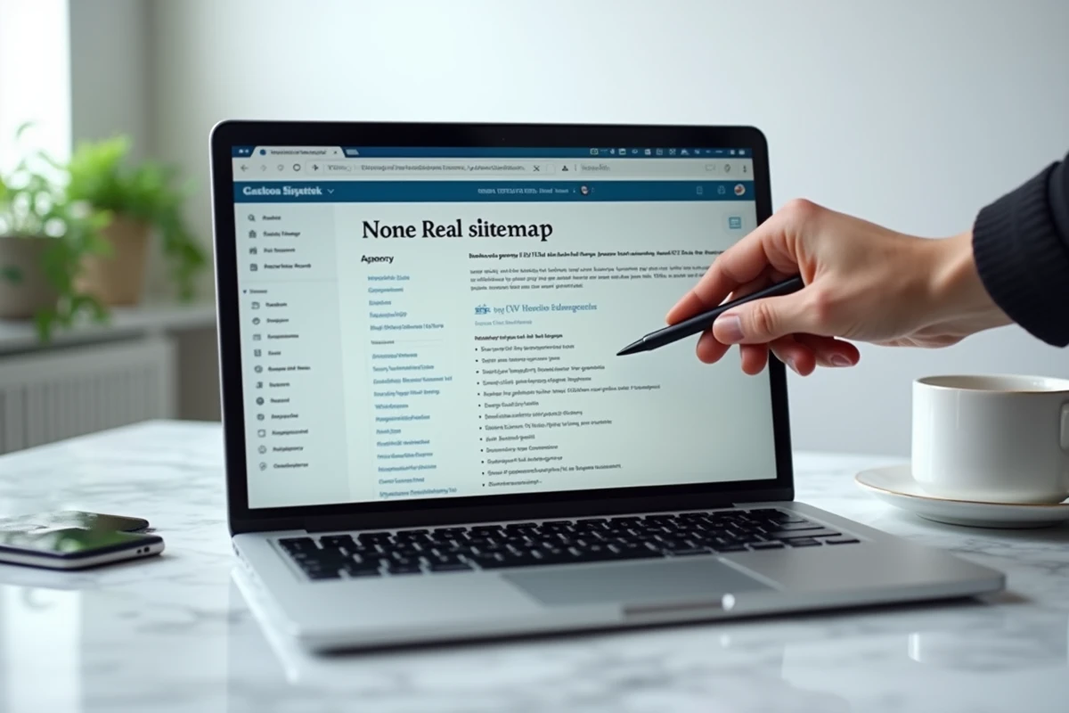 Gros plan d'un écran d'ordinateur affichant le sitemap HTML d'un site immobilier avec navigation structurée