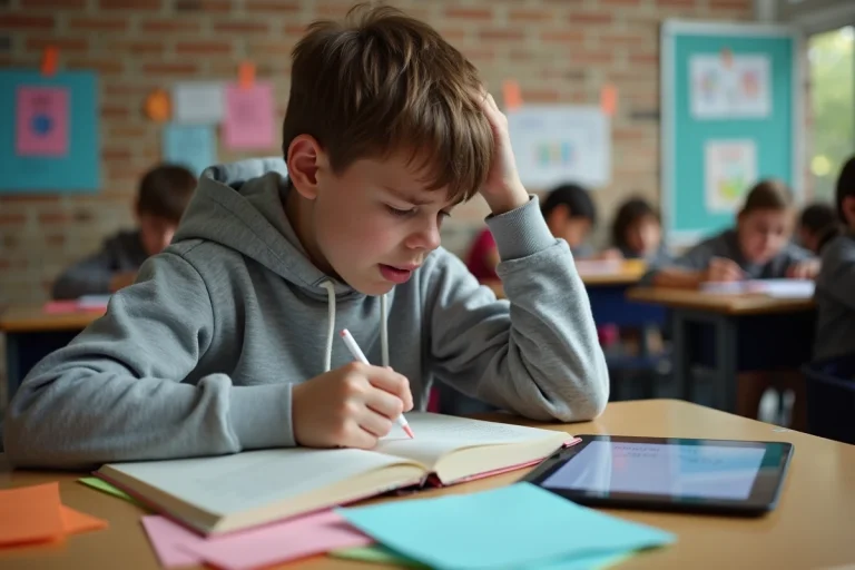 Élève dyslexique au collège utilisant des outils d'aide à la lecture comme une tablette et des calques colorés sur son bureau