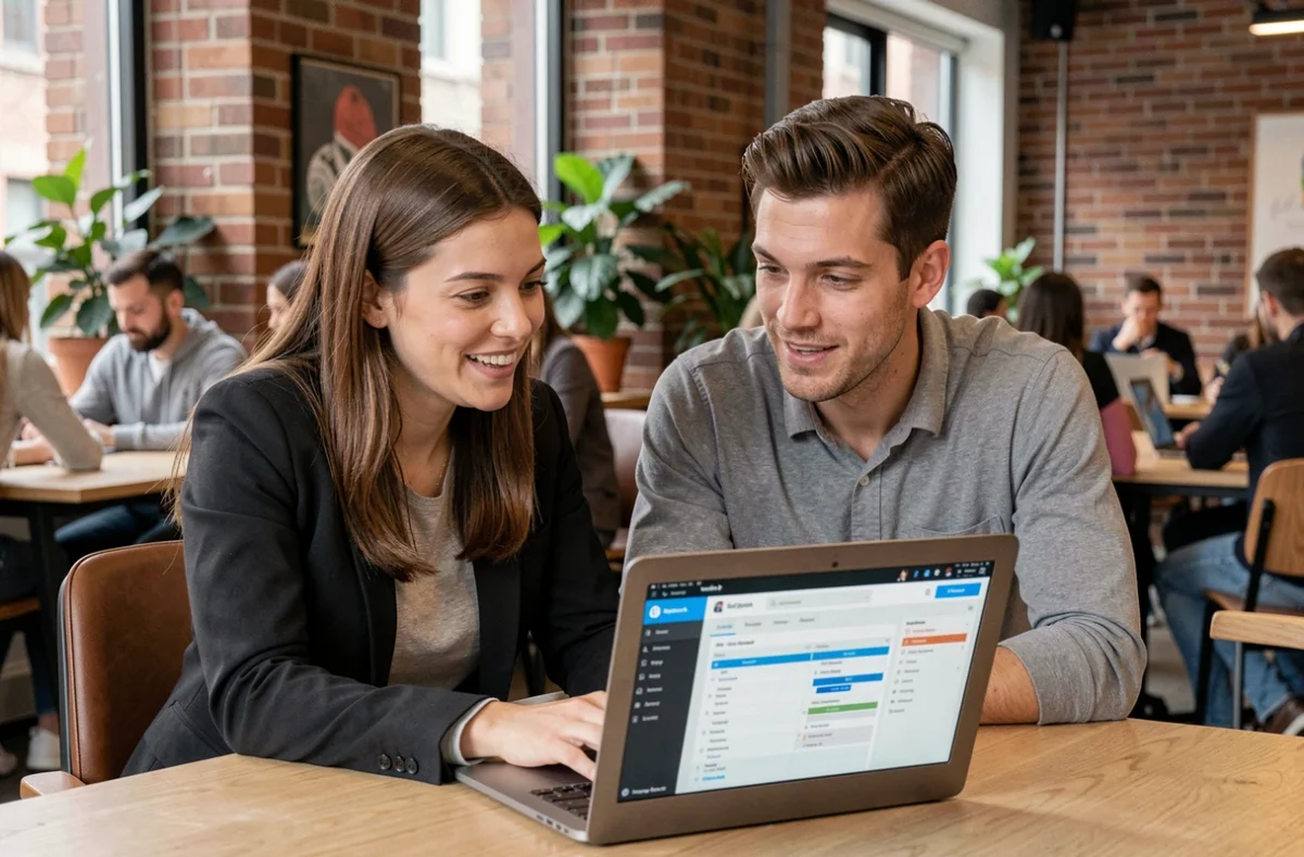 Deux collègues utilisant un service en ligne de gestion de rendez-vous sur ordinateur portable dans un espace de coworking