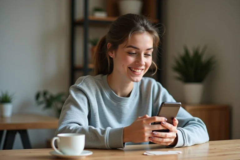 Jeune femme examinant son profil Instagram sur smartphone pour agrandir sa photo de profil