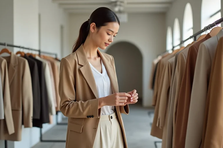 Jeune femme élégante en blazer camel parcourant les rayons d'une boutique de mode minimaliste parisienne