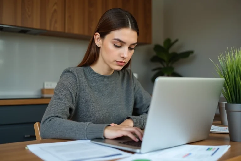 Jeune femme en bureau à domicile en train de personnaliser un CV