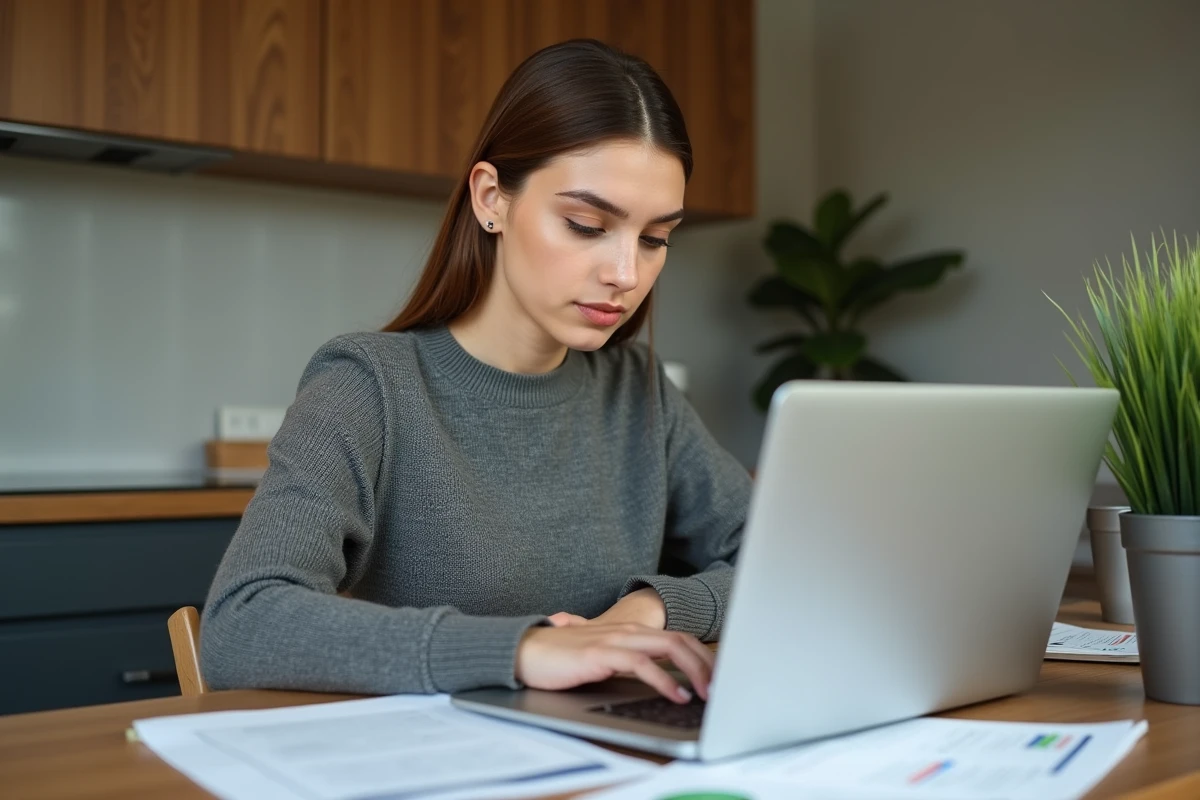 Jeune femme en bureau à domicile en train de personnaliser un CV
