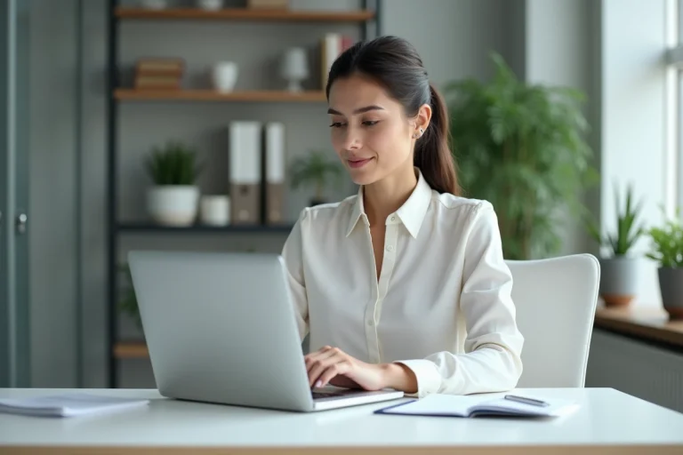Femme en bureau moderne travaillant sur son ordinateur