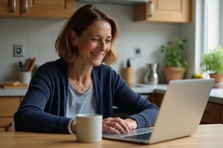 Femme d'une cinquantaine d'années consultant des conseils informatiques sur son ordinateur portable dans une cuisine chaleureuse