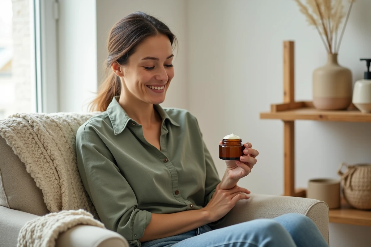 Femme épanouie tenant un pot de crème visage dans un salon scandinave, soins incontournables pour une peau éclatante