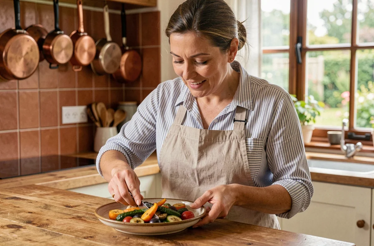 Femme préparant une assiette colorée de légumes rôtis dans une cuisine rustique chaleureuse, idée de recette facile et gourmande