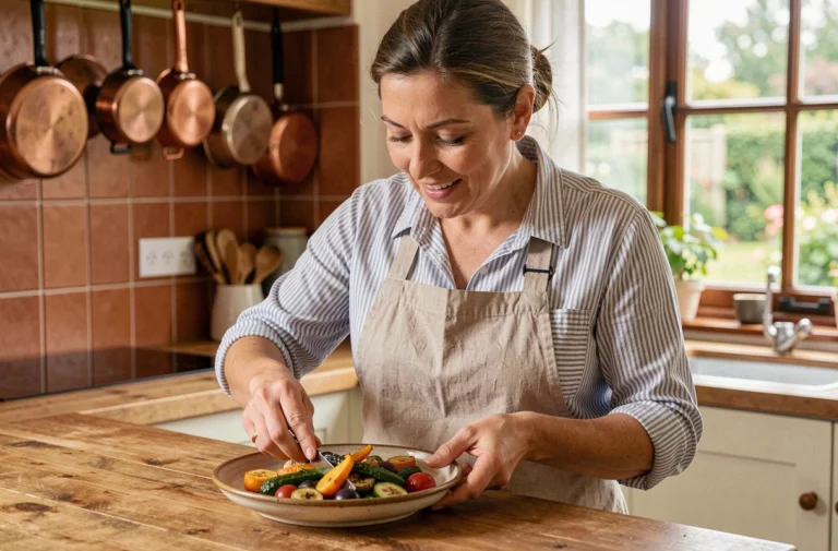 Femme préparant une assiette colorée de légumes rôtis dans une cuisine rustique chaleureuse, idée de recette facile et gourmande