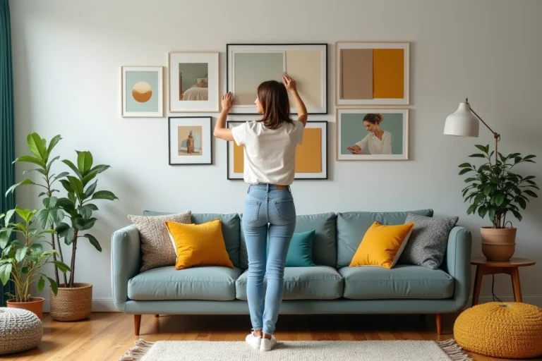 Femme souriante arrangeant une décoration murale dans un salon chaleureux