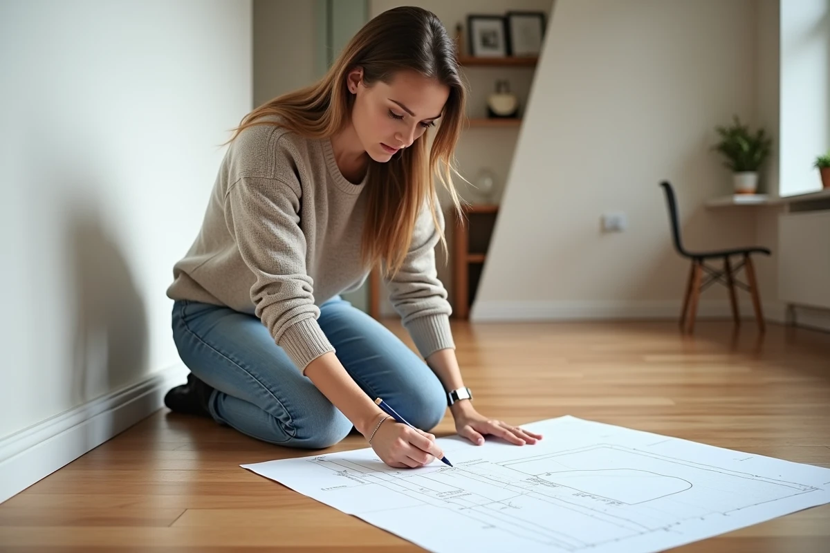 Femme dessinant un mur incliné dans un salon moderne
