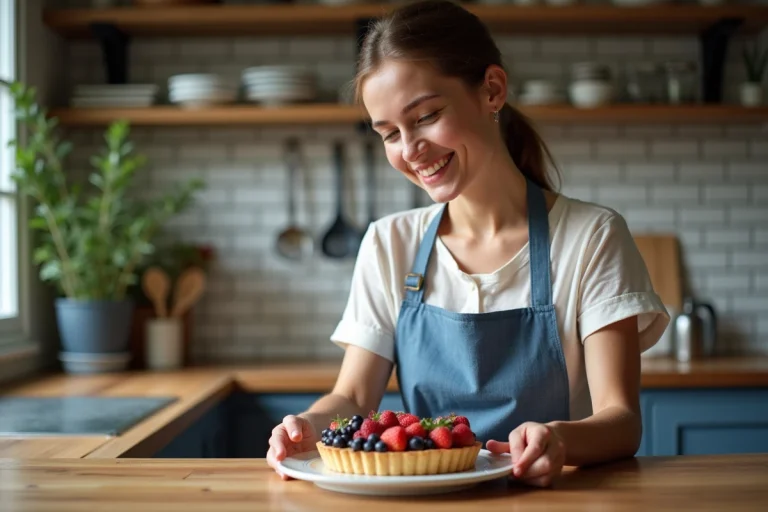 Femme souriante garnissant une tarte aux fruits dans une cuisine chaleureuse