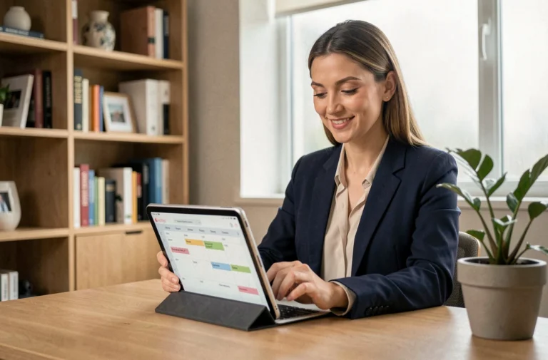 Femme professionnelle gérant ses rendez-vous en ligne sur une tablette depuis son bureau moderne