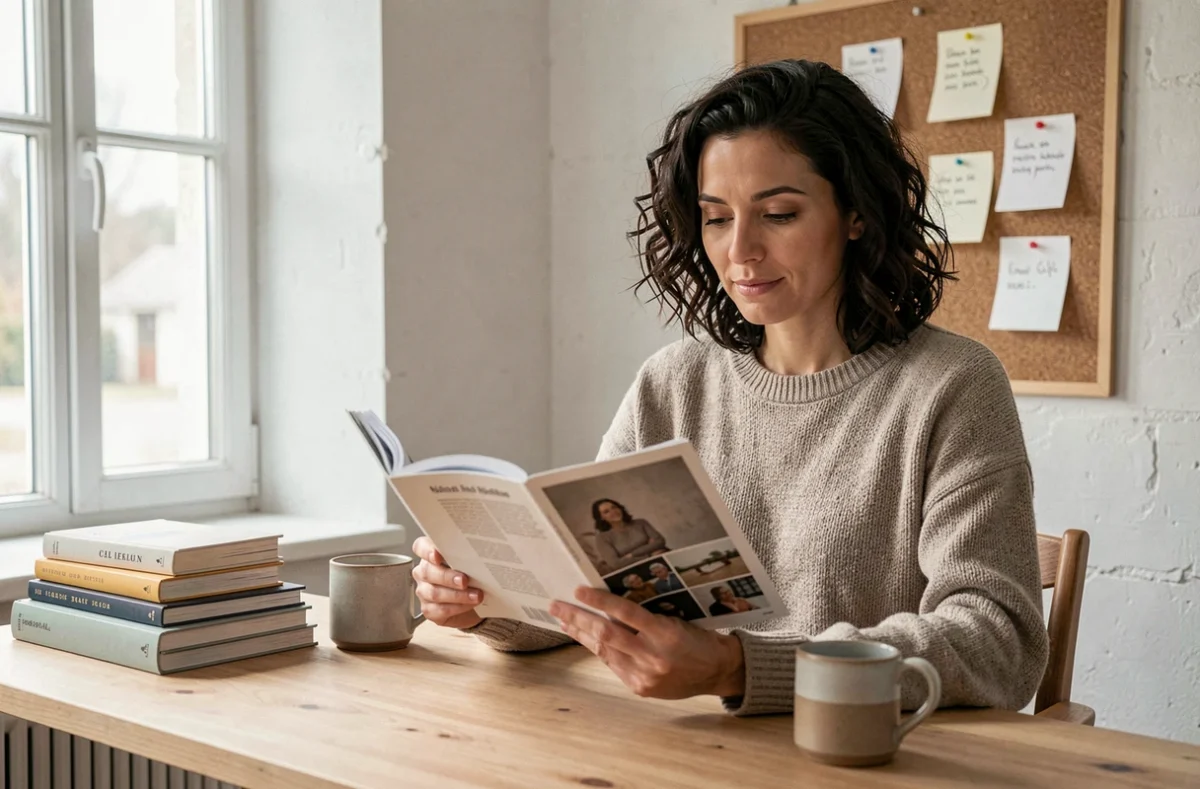 Femme concentrée lisant un magazine féminin dans un bureau à domicile épuré, symbolisant les ressources et l'autonomie féminine