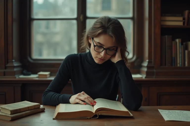 Femme pensante lisant Kafka dans un bureau ancien