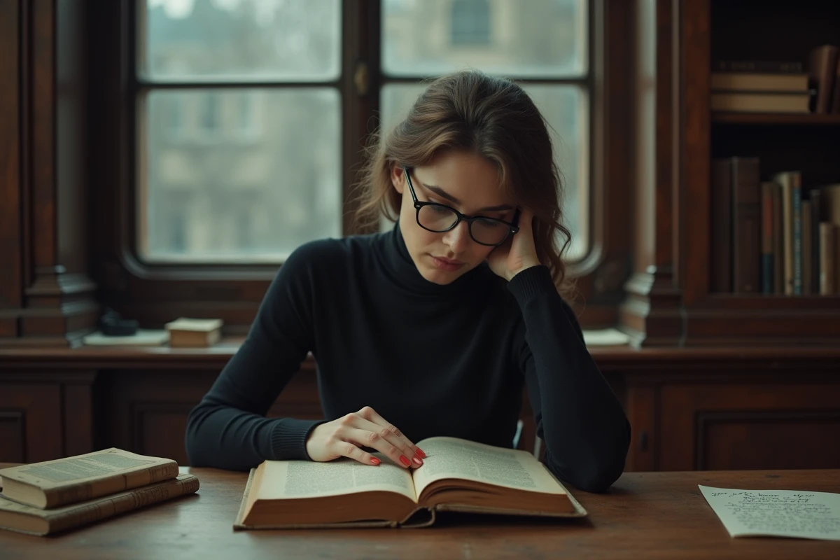 Femme pensante lisant Kafka dans un bureau ancien