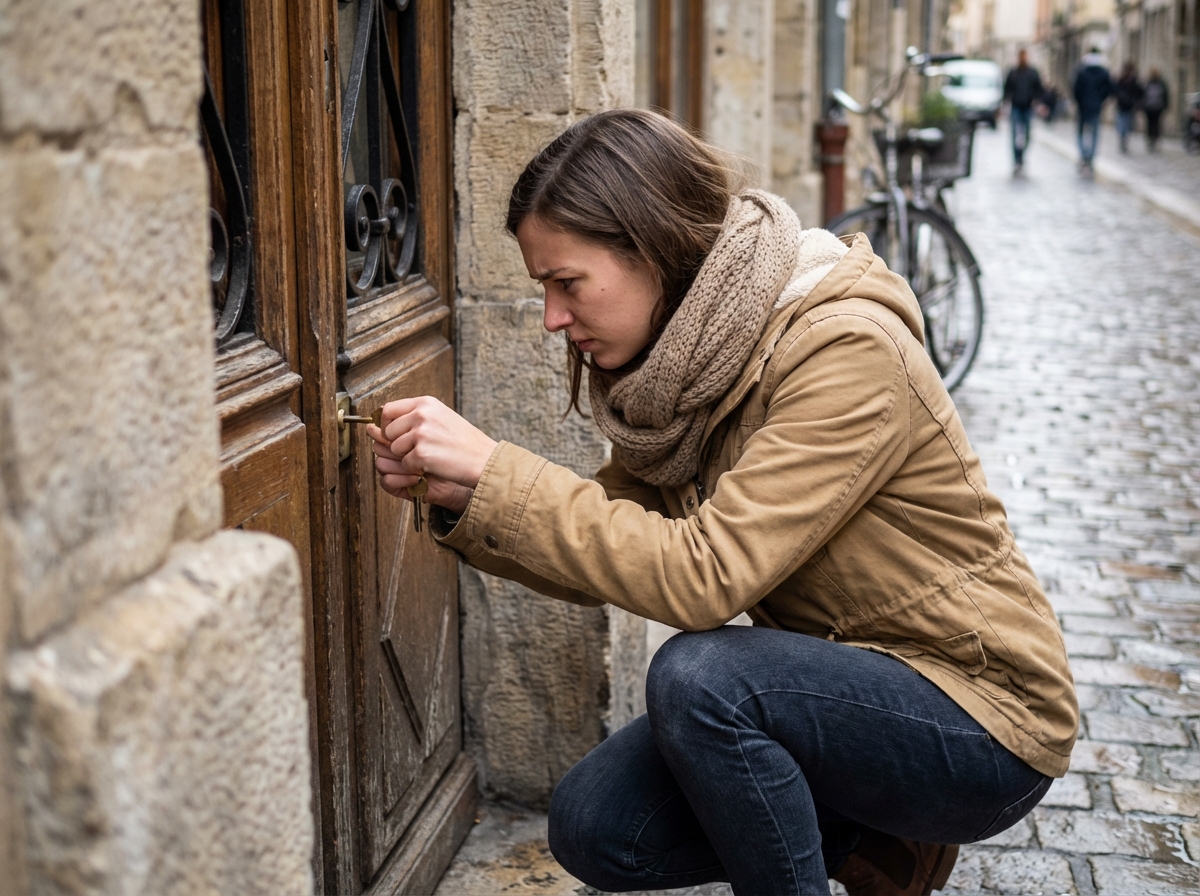 Jeune femme insérant une clé dans une vieille porte à Lyon