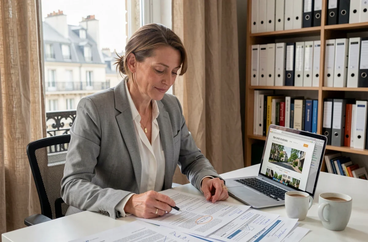 Femme analysant des simulations de financement immobilier depuis son bureau à domicile à Paris
