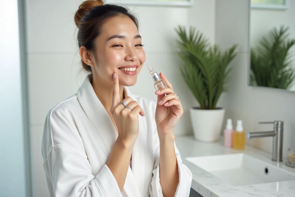 Femme appliquant un sérum visage dans une salle de bain minimaliste, routine de soins pour une peau éclatante