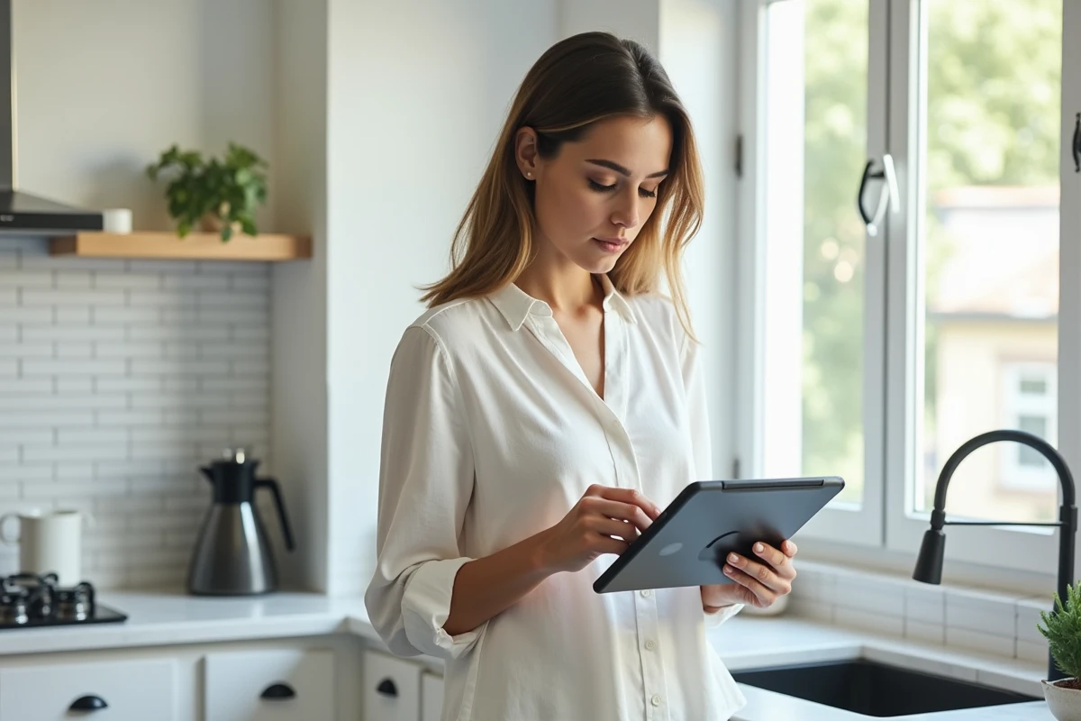 Femme consultant une tablette dans une cuisine moderne pour agrandir une photo de profil Instagram