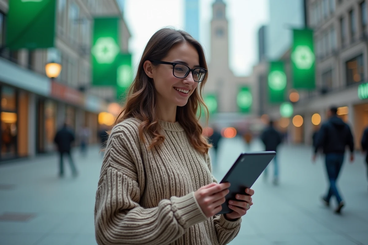 Femme avec tablette affichant logos de cryptomonnaies hydrogene