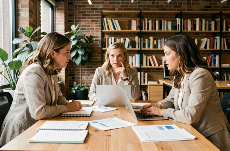 Trois femmes professionnelles collaborant autour d'une table de travail dans un espace co-working moderne, illustrant l'engagement et le parcours féminin