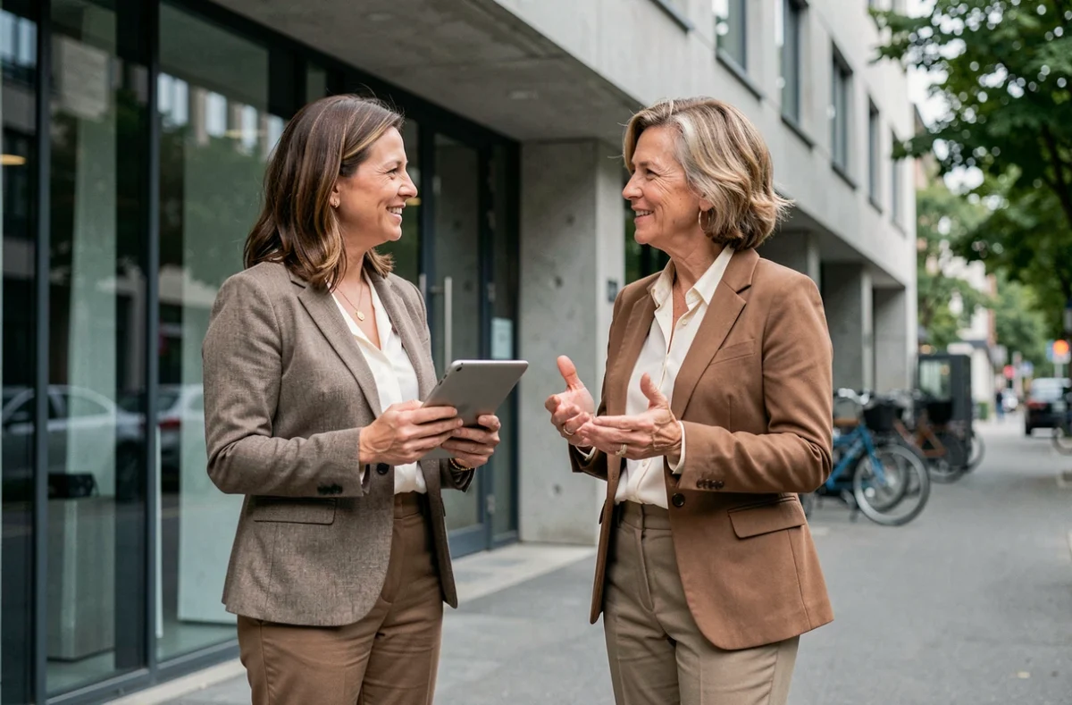 Deux femmes professionnelles en discussion devant un bâtiment urbain moderne, incarnant l'engagement et le leadership féminin contemporain