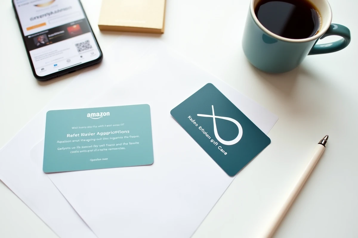 Vue de dessus d'une carte Kadéos Infini, un smartphone avec Amazon et un code de conversion sur un bureau blanc