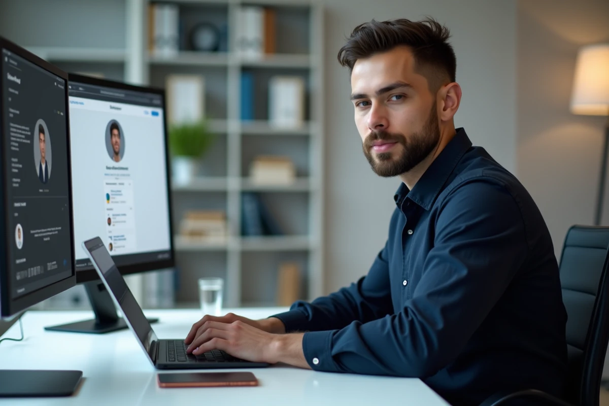 Homme utilisant un ordinateur portable et un smartphone pour agrandir une photo de profil Instagram