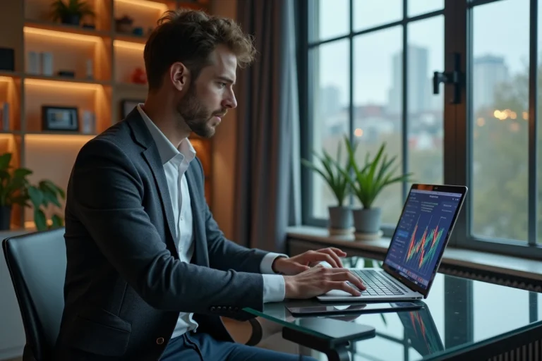 Homme en blazer regardant des graphiques de cryptomonnaies et hydrogene